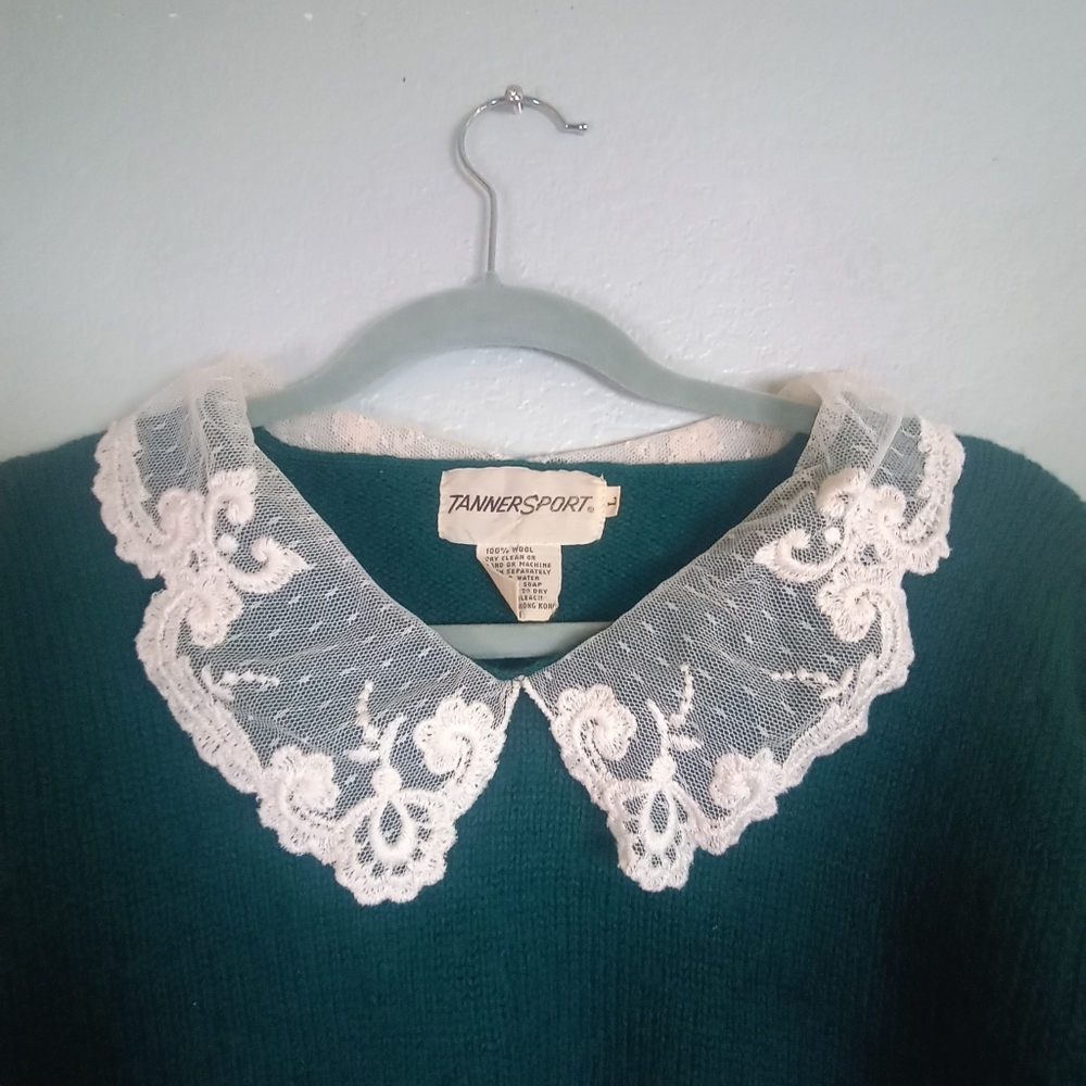 Vintage 70s Tanner Sport Teal Green Wool Lace Collared Feminine Boho Sweater - Picture 3 of 9